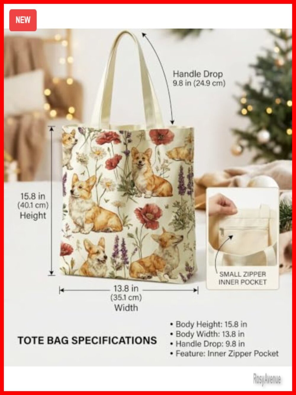 Dog Floral Canvas Tote Bag Large Shoulder Bag Dog Lover Gift - Picture 3 of 6